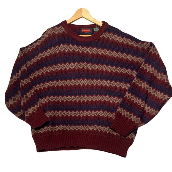 VTG Stoneriver Outfitters Men L Maroon Blue Patterned Crew Sweater Acrylic 80's - Picture 1 of 16